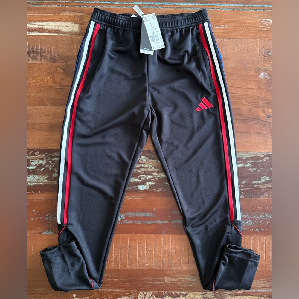 Adidas Black TIRO Football/Soccer/Track Pants! Red,White,Blue Stripes! NWTS!  S